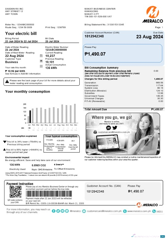 Download Philippines Meralco business utility bill Word and PDF template Photoshop template